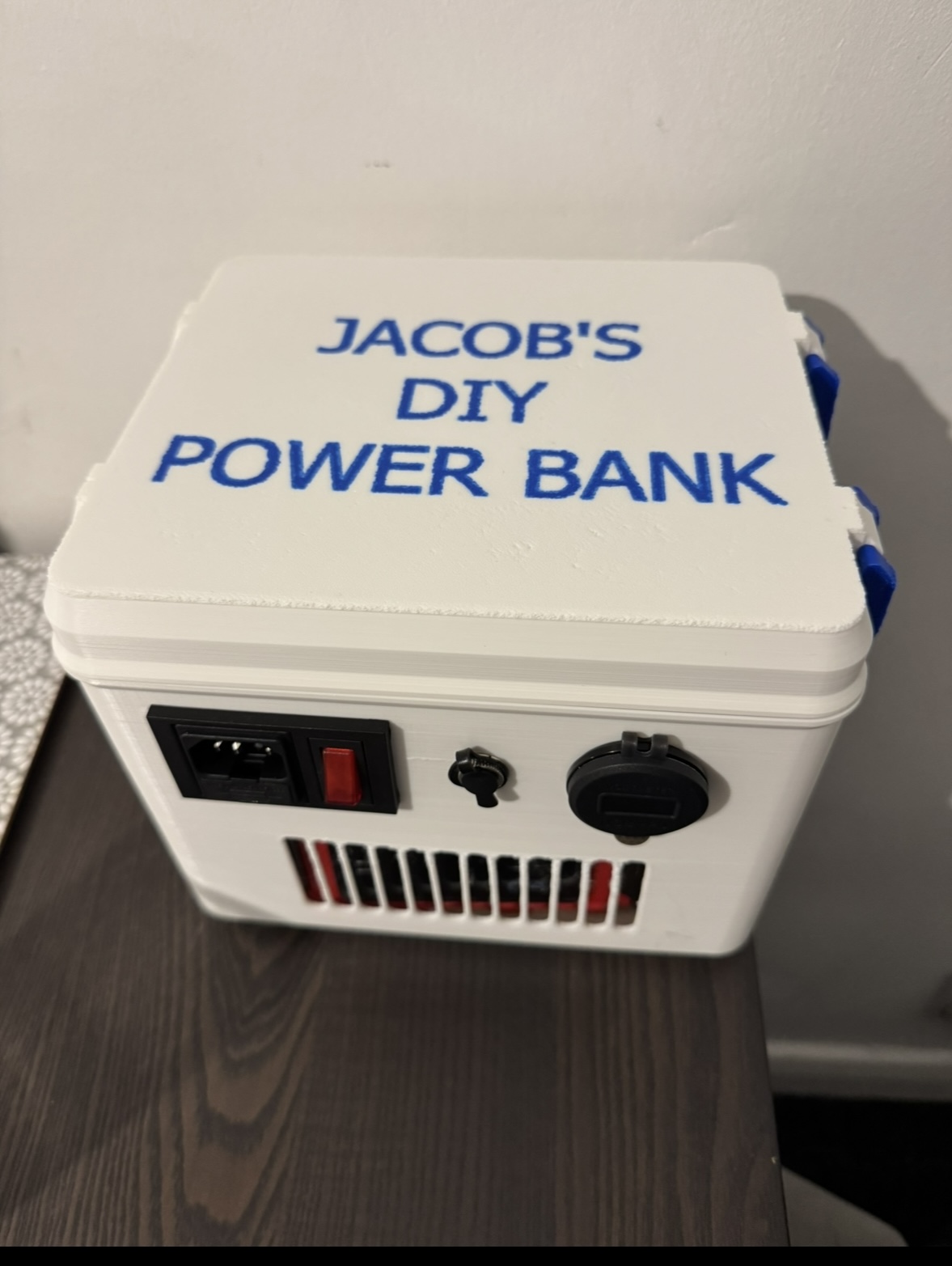 Custom 3D printed charging station, front view